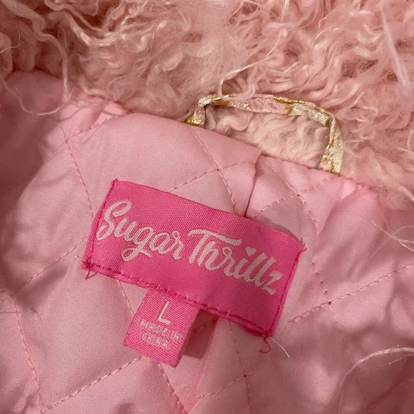 SUGAR THRILLZ High Class Heiress Brocade Coat Jacket Faux Fur Trim Beige Pink L - Picture 7 of 9